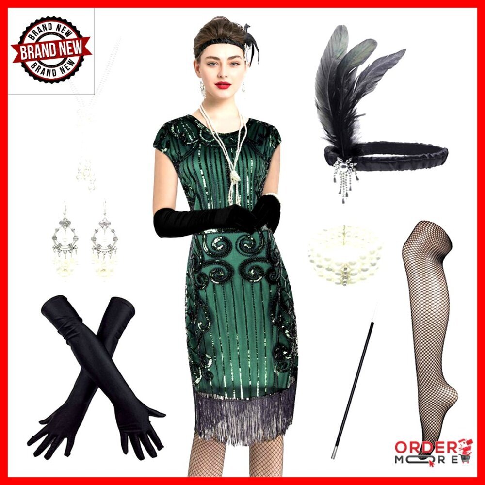 Vintage Sequin Fringe Flapper Dress Set with Accessories Gatsby Party
